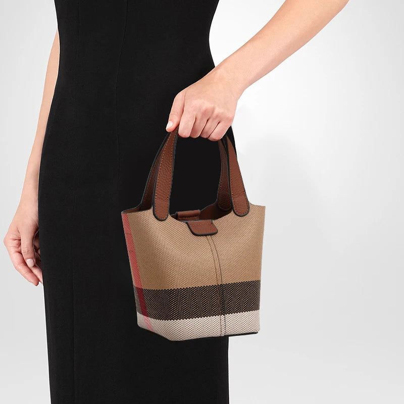 Genuine leather cowhide canvas checkered handbag 2025 new retro cross-body shoulder bag lady detachable shoulder strap small bag