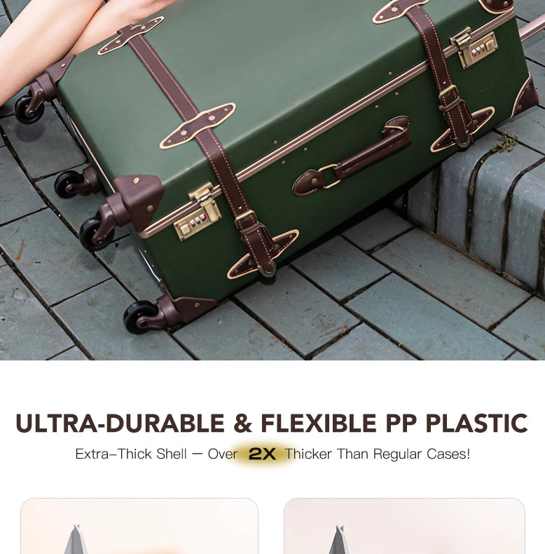 urecity Vintage Luggage Set, 3 Piece Retro trolley luggage bag,Travel Luggage with Spinner Wheels and Beauty Case (Army Green)