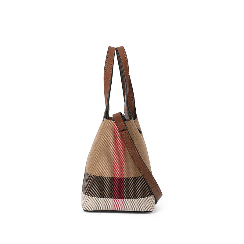 Genuine leather cowhide canvas checkered handbag 2025 new retro cross-body shoulder bag lady detachable shoulder strap small bag