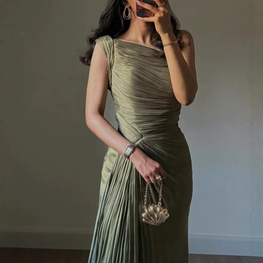 2025 Spring Summer New Fashion Pleated Dress for Women Chic Elegant Off Shoulder Sleeveless High Waist Evening Long Dresses