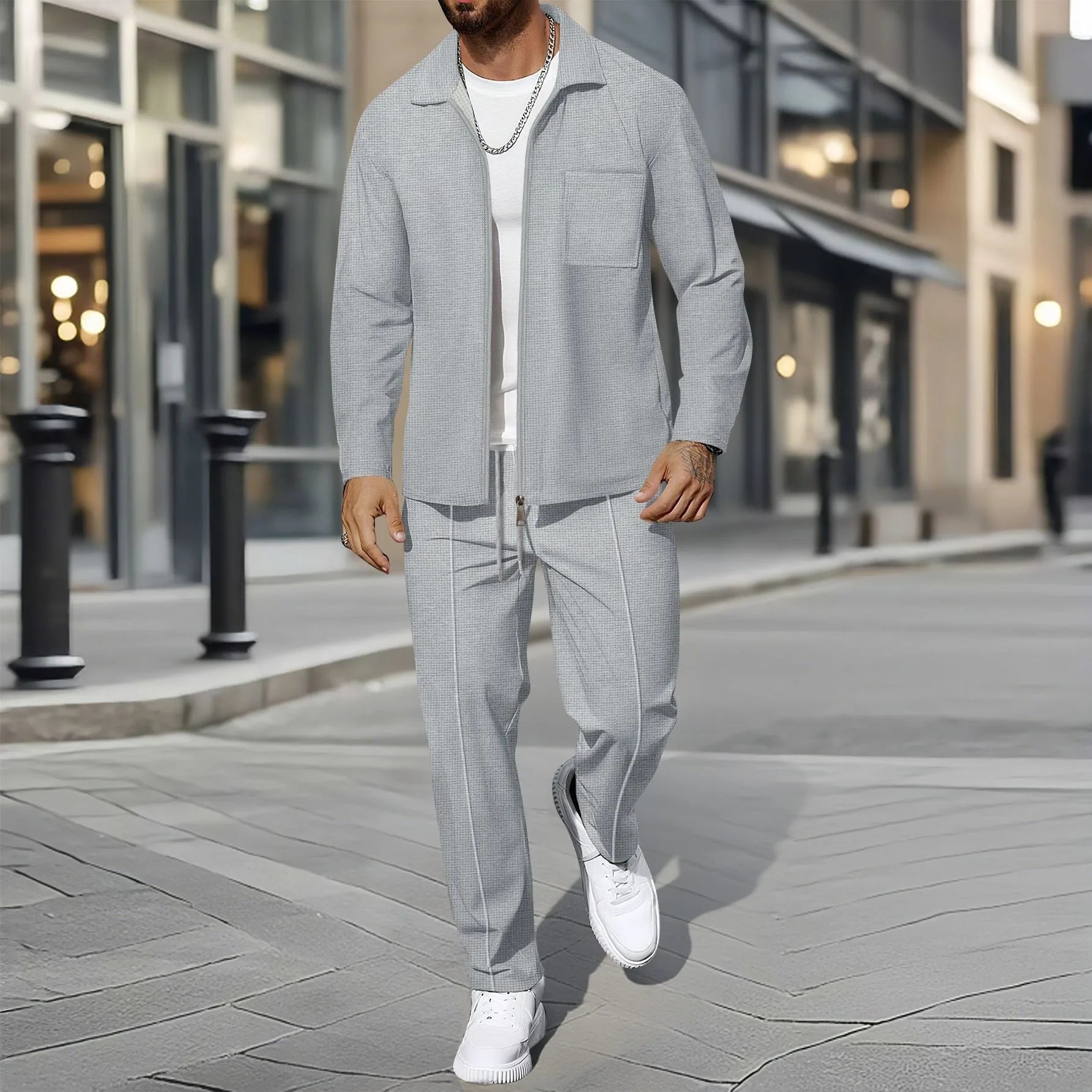 Men's autumn and winter waffle-pattern solid color zipped front pocket lapel fitted cardigan jacket set