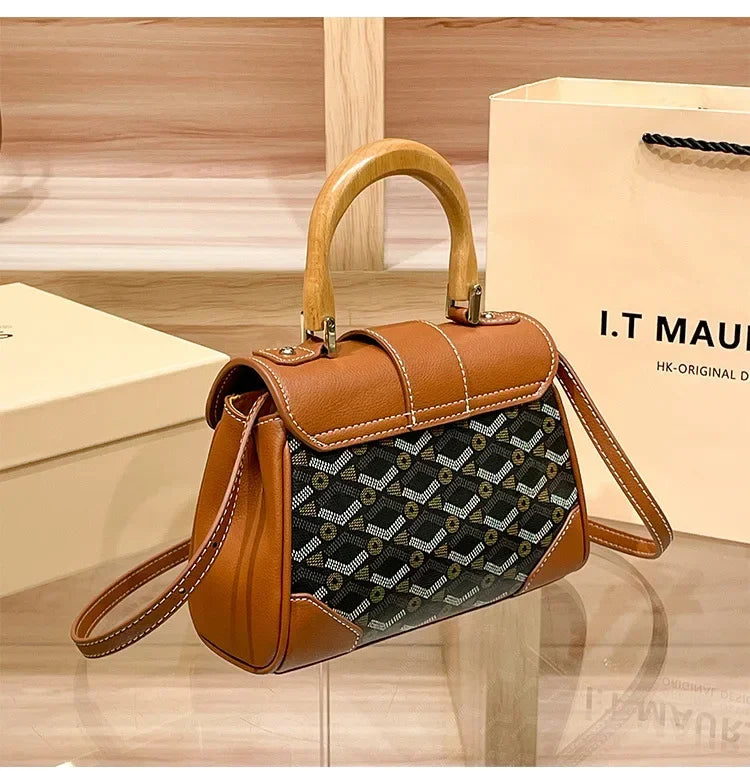 Women's Wooden Handle Genuine Leather Old Flower Cross-Border New Style Commute Keli Bag Single Shoulder Slant Cross Small Bag