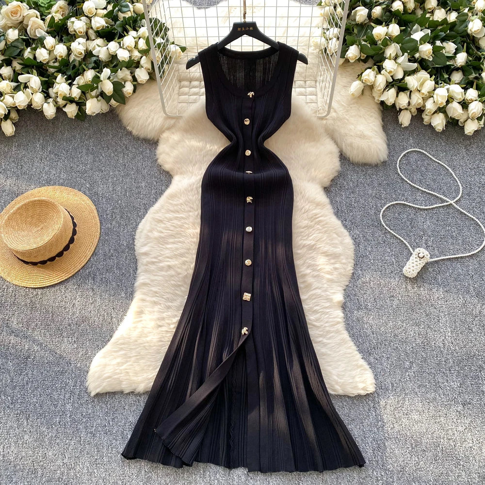 YuooMuoo Brand Fashion Luxury Single-breasted Maxi  Dress Women Sleeveless Wrap Hip Bodycon Summer Dress Elegant Party Vestidos