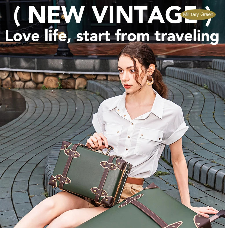 urecity Vintage Luggage Set, 3 Piece Retro trolley luggage bag,Travel Luggage with Spinner Wheels and Beauty Case (Army Green)