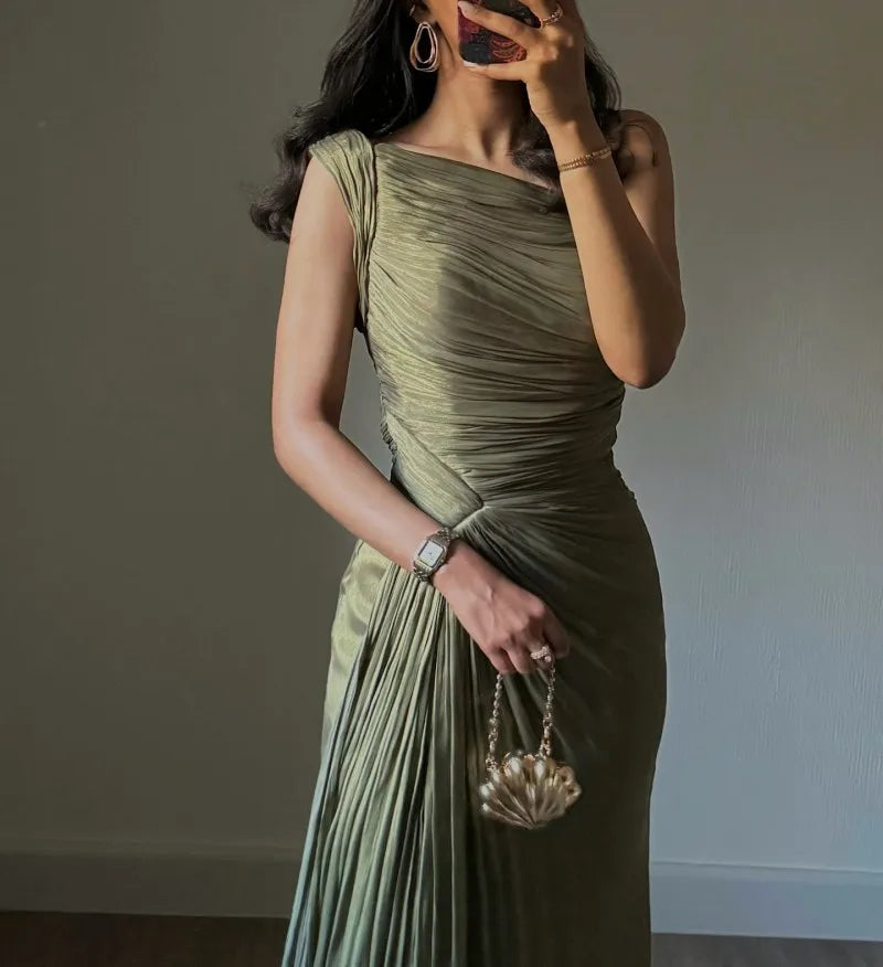 2025 Spring Summer New Fashion Pleated Dress for Women Chic Elegant Off Shoulder Sleeveless High Waist Evening Long Dresses