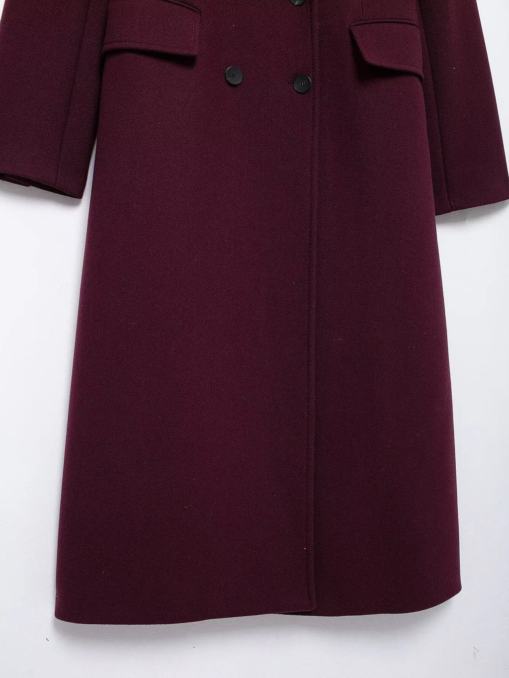 TRAFZA Women Fashion Burgundy Woolen Coat Double Breasted Long Sleeve Lapel Blends Jacket Autumn Winter High Street Outerwear