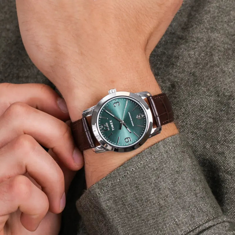 Timex Men's Brown Leather Watch, Green Dial | Tw2r86900-3