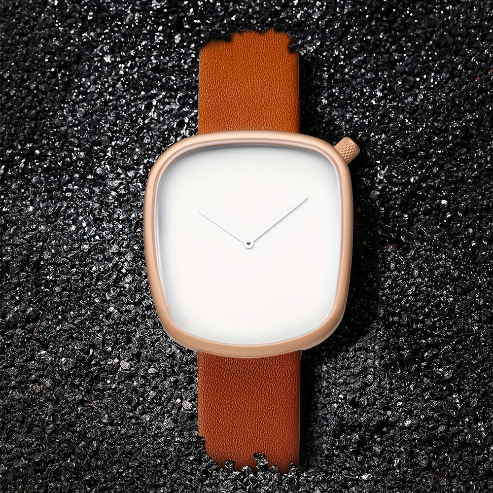 A Minimalist Square Watch With Pebble-like Design, Featuring No Scale, For Both Men And Women, With A PU Leather Strap