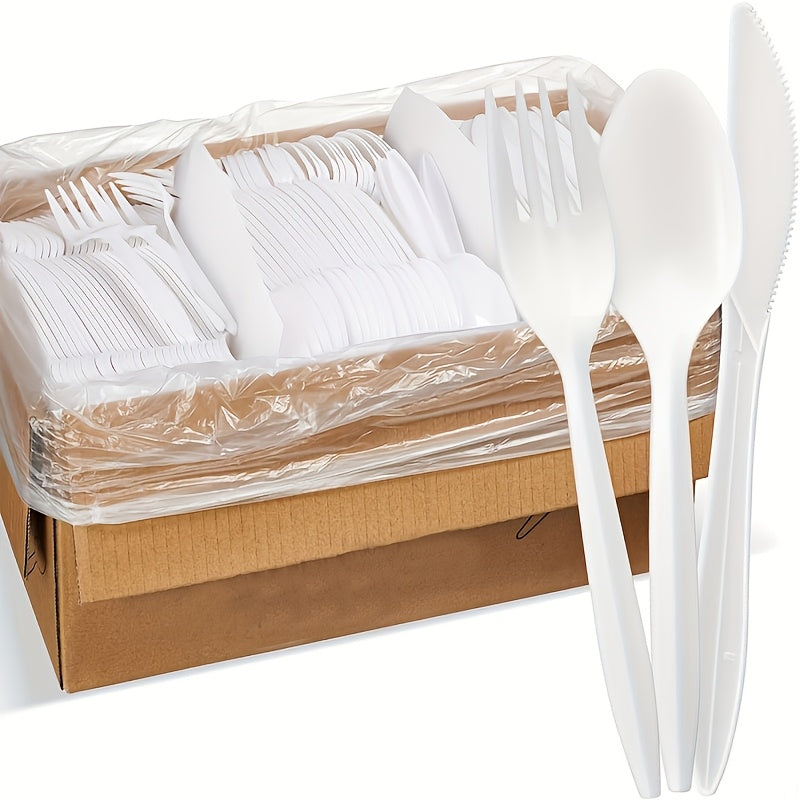 300 pieces, heavy duty disposable plastic cutlery includes 100 knives 100 forks 100 spoons, tableware for parties, picnics and camping