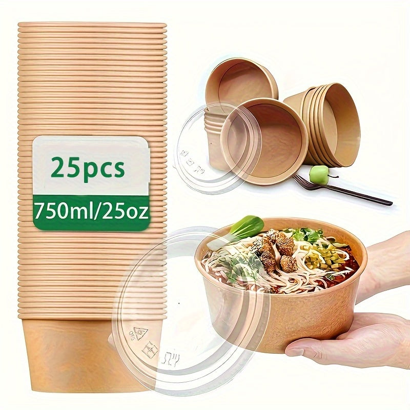 25oz 750ml Disposable Paper Bowl with Lid - Leak-Proof, Microwave Safe, Ideal for Hot/Cold Food, Soup, Salad - Perfect for Parties and Events, Safe Food Contact, Hot/Cold Food Container | Disposable Tableware | Leakproof Desi