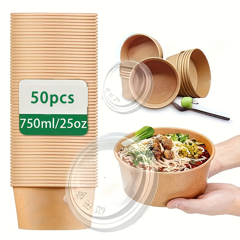 25oz 750ml Disposable Paper Bowl with Lid - Leak-Proof, Microwave Safe, Ideal for Hot/Cold Food, Soup, Salad - Perfect for Parties and Events, Safe Food Contact, Hot/Cold Food Container | Disposable Tableware | Leakproof Desi