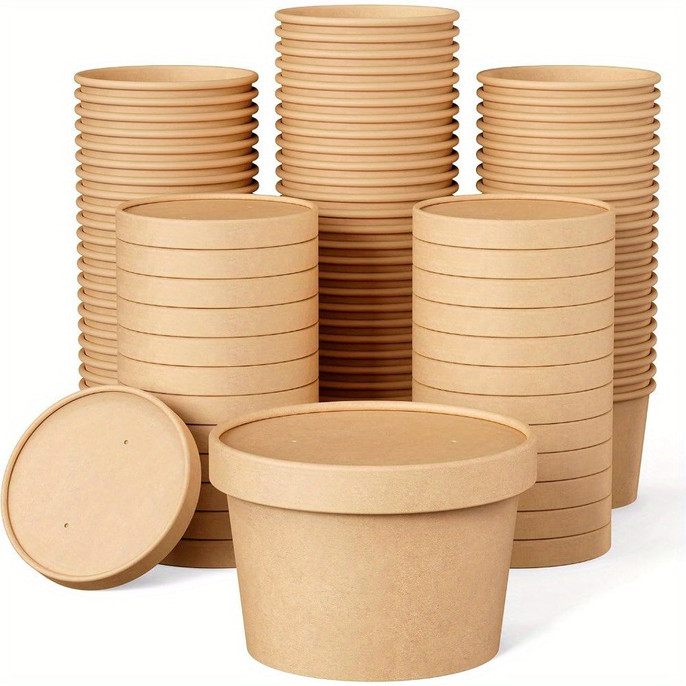 50-Pack 8oz Brown Kraft Paper Soup Containers with Lids - Disposable, Microwavable & Freezer Safe Food Cups for Soup, Ice Cream, and More - Perfect for Christmas, Thanksgiving, and Holiday Meals, Soup Bowls, Disposable Servin