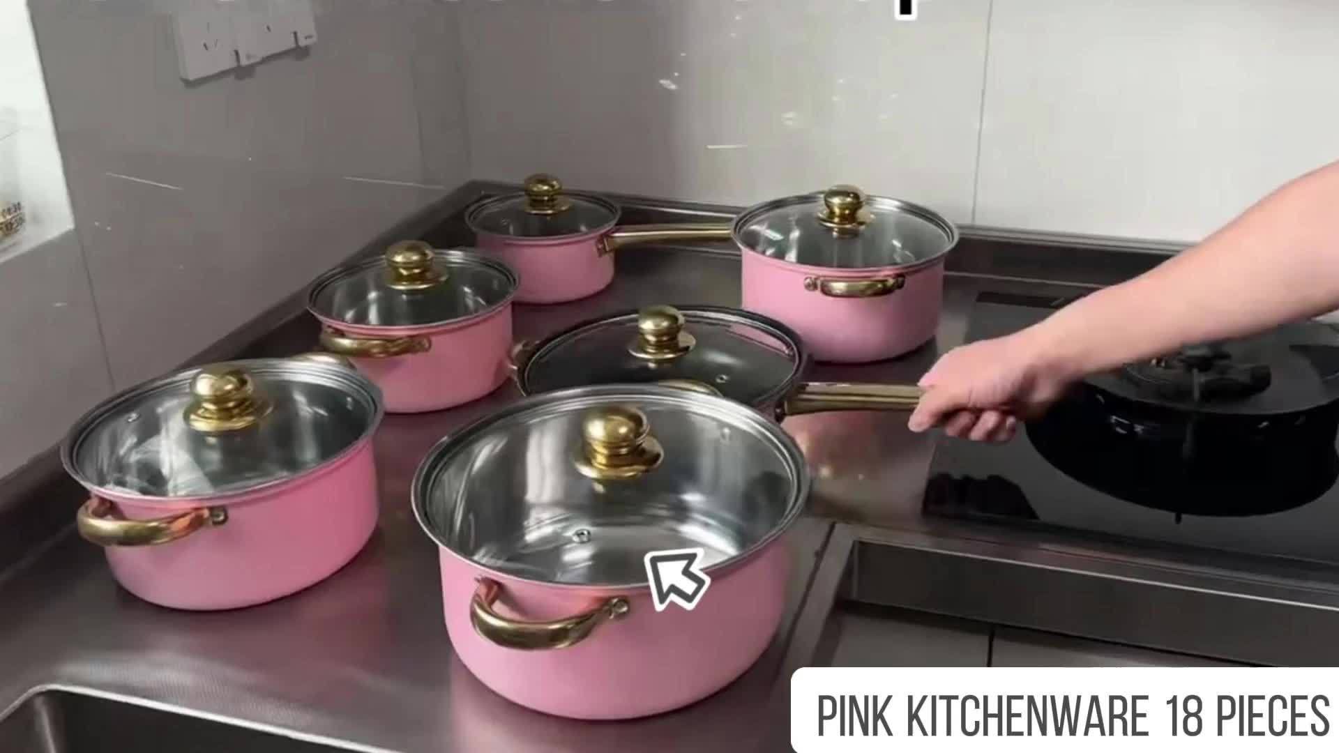 18pcs Pink Stainless Steel Cookware Set with Non-Stick Pans & Lids - Induction Compatible, Stackable Space-Saving Design, Golden-Toned Black Lids & Black Utensil-Friendly Sides, Heat-Resistant Durable 410 Stainless Steel Cons