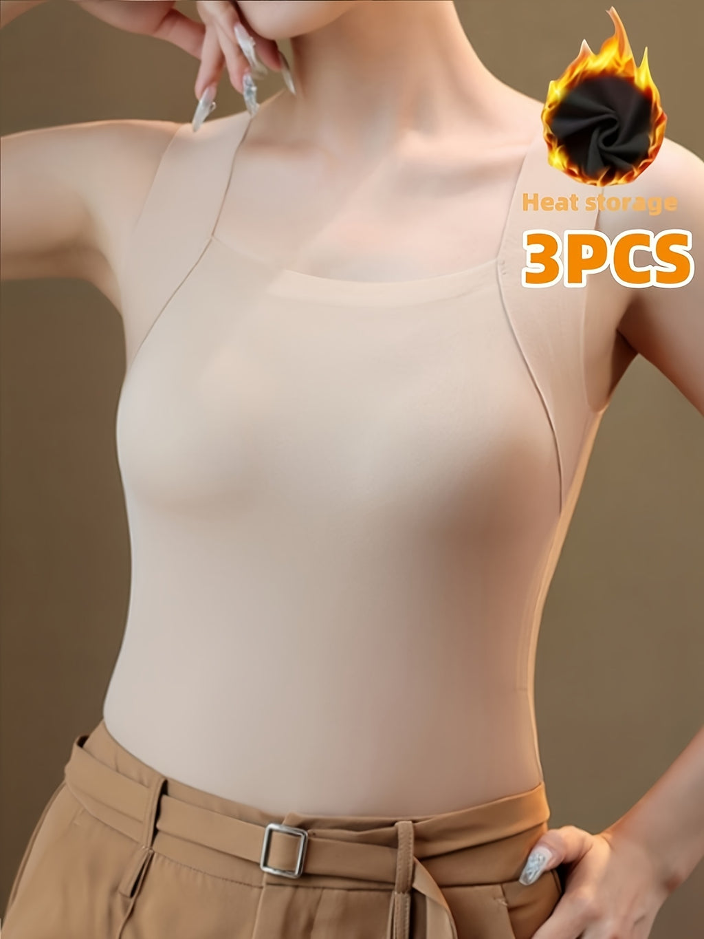 Women's 3pcs Thermal Tank Top Set - No Underwear Needed, Sleeveless Shirt - Brown/Beige/Black - Elegant Everyday & Formal Layering - Medium Support - Autumn/Winter Clothing - Easy Hand Wash Care, Winter Wardrobe, Stylish Basi