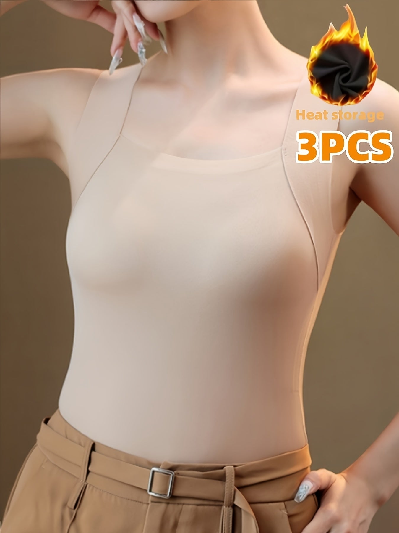 Women's 3pcs Thermal Tank Top Set - No Underwear Needed, Sleeveless Shirt - Brown/Beige/Black - Elegant Everyday & Formal Layering - Medium Support - Autumn/Winter Clothing - Easy Hand Wash Care, Winter Wardrobe, Stylish Basi