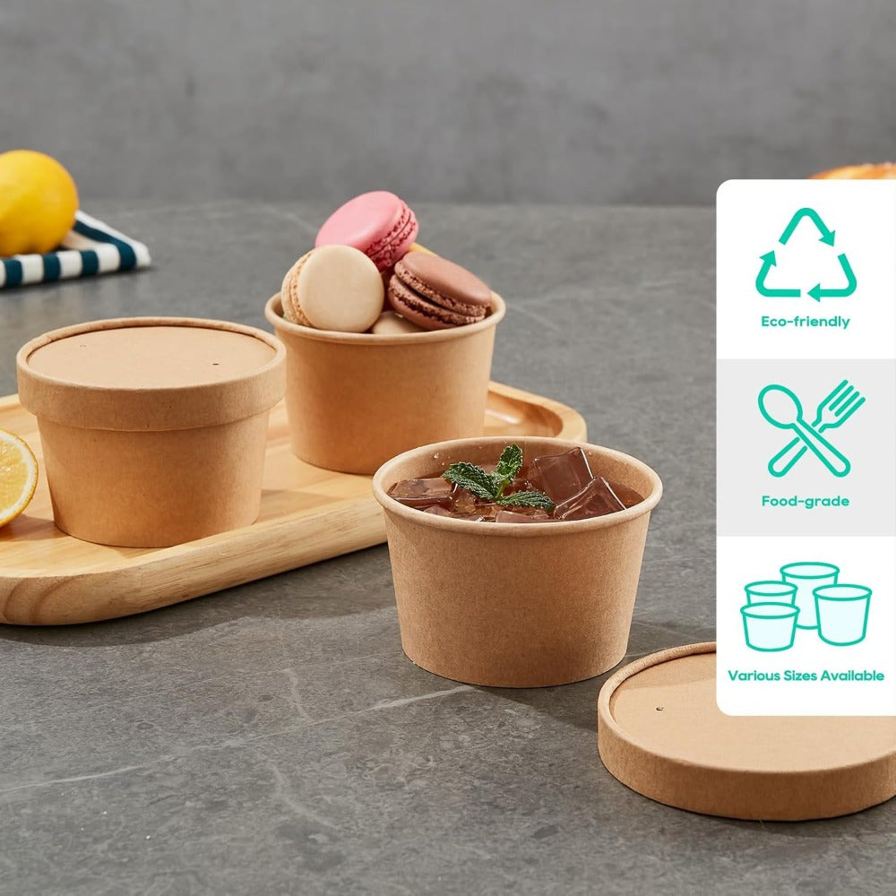 50-Pack 8oz Brown Kraft Paper Soup Containers with Lids - Disposable, Microwavable & Freezer Safe Food Cups for Soup, Ice Cream, and More - Perfect for Christmas, Thanksgiving, and Holiday Meals, Soup Bowls, Disposable Servin
