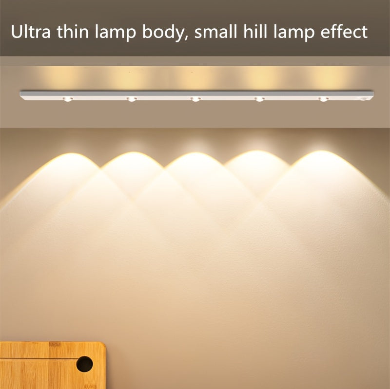 Modern LED Motion Sensor Strip Light, Wireless Rechargeable Magnetic Light Bar for Shoe Cabinets, Display Cases, Wardrobes, Smart Cabinets - Hill Effect, No Wiring Required, Easy Installation, USB-Powered, Plastic Material, M