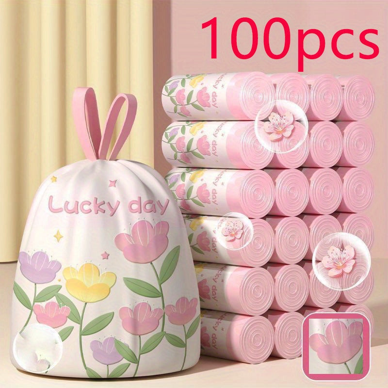 100-Pack Lavender Scented Drawstring Trash Bags - Thickened Large 10L Heavy-Duty 10kg Capacity, High-Density Polyethylene Multipurpose Disposable Bags for Kitchen, Bathroom, Bedroom, Living Room, Toilet - Floral Design with H